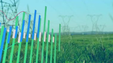 Veriler yeşil beyaz mavi çubukları ve çayırların üzerindeki kırmızı kıvrımlı çentikli çizgileri gösteriyor. Kırsal, peyzaj, teknoloji, veri görselleştirme, güç şebekesi, altyapı, analiz