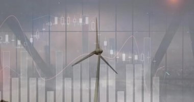 Şebeke penceresinde dönen rüzgar türbini, şeffaf şamdan çizelgeleri ve çizgi grafiklerini gösteriyor. Yenilenebilir, teknoloji, yenilik, analitik, sürdürülebilirlik, dijital, mimari