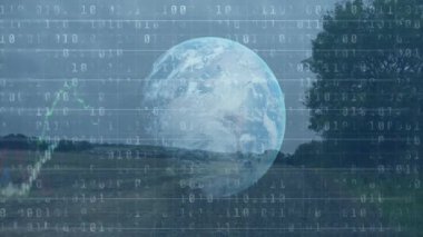 Yarı saydam Dünya küresi, ikili kod ve şamdan çizelgelerini gösteriyor. Coğrafya, finans, teknoloji, ekoloji, veri görselleştirme, yenilik, dijital manzara