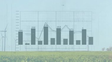Rüzgâr türbinleri, düz tasarım çubuk grafiklerini gösteren, harmanlama alanı sahnesinde veri görselleştirme üretiyor. Sürdürülebilirlik, yenilenebilirlik, teknoloji, tarım, manzara, analiz, çevre dostu