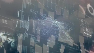 Sanal dünya haritası verileri yüzen paneller ve ızgara kaplamalarıyla üç boyutlu görüntüleme arayüzü halinde yayınlıyor. Fütürist, sürükleyici, dijital, görselleştirme, yüksek teknoloji, küresel, analitik