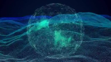 Dalgalanan 3D dalga örgüsü veri düğümleri ve dijital topoloji boyunca akan ince çizgiler ile parıldıyor. Gelecek, teknoloji, yenilik, bağlantı, dijital, ağ, soyut
