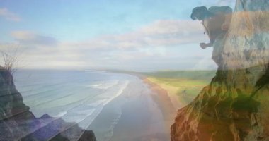 Erkek yürüyüşçü sırt çantasıyla kayalık uçurumların arasında zıplıyor, yüzen seyahat simgeleri ve çizelgeleri gösteriyor. Macera, keşif, manzara, engebeli, spor, özgürlük, motivasyon