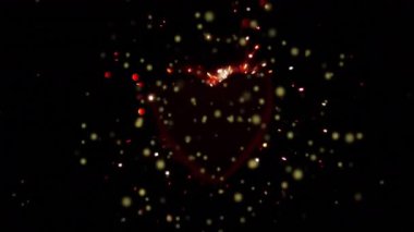 Karanlık boşlukta süzülen parlak kalp silueti dinamik kırmızı turuncu kıvılcımlar saçıyor. Soyut, aydınlık, enerji, sembolizm, dijital sanat, canlılık, yoğunluk