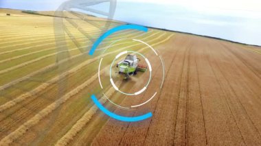 Hassas çiftçilik, buğday hasatı ve hasat makinesinin birleşimi düz tasarım örtüsünü gösteriyor. Tarım, makine, teknoloji, manzara, kırsal, üretkenlik, sürdürülebilirlik