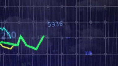 Düz karanlık şebeke panelleri üzerinde renkli çizgi grafiği, sayısal etiketleri ve% 65 'i gösteriyor. Veri görselleştirme, analitik, nicel, teknolojik, yenilikçi, geleceksel, gösterge paneli