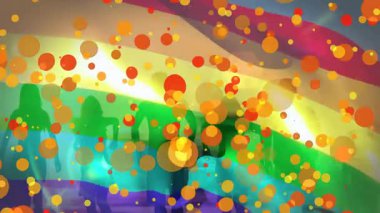 Gökkuşağı çizgileri ve konfetiyle sığ sahil sularında dans eden siluetler. Kutlama, birlik, eğlence, coşku, açık hava, gösteri, neşe