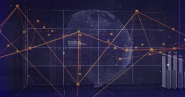 3 boyutlu veri görselleştirmesi dünyayı çubuk grafiklerle ve parlayan turuncu çizgi grafikleriyle sunuyor. Fütürist, bilgilendirici, soyut, teknik, dijital, analitik, canlı