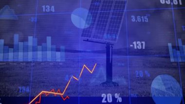 Dijital çizgi grafikleri ve çimli tepeleri kaplayan çizelgeleri gösteren üç boyutlu güneş paneli. Yenilenebilir, sürdürülebilirlik, teknoloji, veri görselleştirme, çevre, yenilik, çevre dostu