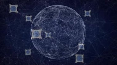 Dijital ağ, şeffaf ağ küresi ve parlayan mavi altıgen simgeleriyle sahnede canlandırılıyor. Futuristik, teknolojik, bağlantı, yenilik, siber, soyut, dijital