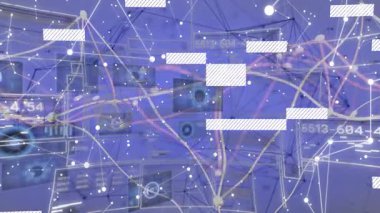 Düz tasarımda hareket eden ağ düğümü görselleştirmesi, yüzen yapay zeka panelleri, parlayan veri akışları gösteriliyor. Gelecek, teknoloji, veri, siber alan, dijital, soyut, bağlantı