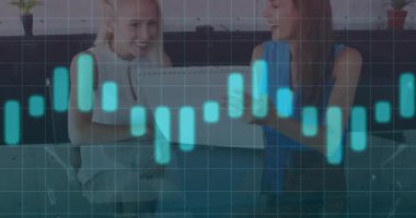 Animasyon dizüstü bilgisayarı ve şebeke çizgileriyle ofiste stratejiyi tartışan iki kadın meslektaşım. İş, işbirliği, modern, profesyonel, analitik, çalışma alanı, iletişim