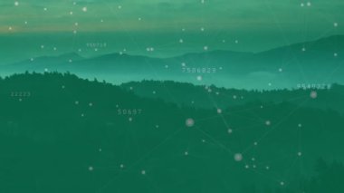 Puslu orman sırtı, 3D parlayan düğümler ve yüzen etiketler ile görselleştiriliyor. 172930 4253596 50697. Coğrafya, teknoloji, bağlantı, dijital, manzara, yenilik, veri