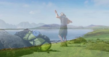 Rocky Beach 'te dans eden yürüyüşçü çift. Animasyon sağlık çizelgesi ve kalp ikonu kaplamalarıyla. Macera, keşif, sükunet, açık hava, boş zaman, manzara, fitness