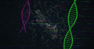 Parlayan DNA iplikleri ve veri düğümleriyle siber veri sahnesinde dijital zarf simgesi canlandırılıyor. Gelecek, teknoloji, ağ, yenilik, iletişim, soyut, canlı