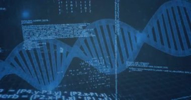 Şeffaf mavi 3D DNA sarmalı esniyor, parlayan kod akımları şebekeye 3 boyutlu olarak yayılıyor. Fütürist, bilim kurgu, dijital, biyoteknoloji, yenilik, siber, soyutlama