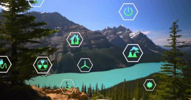 Turkuaz buzul gölü üzerinde yüzen eko altıgen simgeleri ve düz dizayn edilmiş karlı dağ zirveleri. Doğa, sürdürülebilirlik, vahşi doğa, koruma, yenilenebilir enerji, ekoloji, manzara