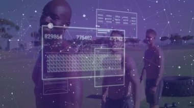 Üç atletik adam parkta spor yapıyor ve animasyon sağlık teknolojisi grafikleri ve düğümleri sergiliyorlar. Atletizm, takım çalışması, modern, canlılık, açık hava, yenilik, enerji