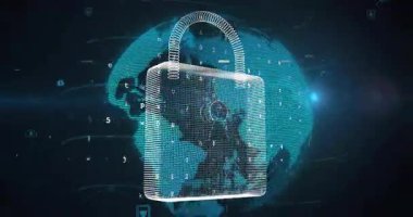 Dijital dünyanın üzerinde süzülen 3D asma kilit, akış kodu ve sürüklenen kilit ve bulut simgeleri. Güvenlik, koruma, dijital, geleceksel, teknoloji, veri, şifreleme