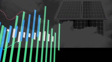 Güneş panelleri üzerinde kırmızı ve cyan çizgileriyle yükselen neon yeşil ve mavi veri çubuklarını gösteriyor. Veri analizleri, yenilenebilir enerji, teknoloji, görselleştirme, çevre, yenilik, sürdürülebilirlik