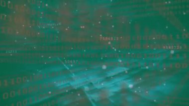 Kırmızı ikili kod 3 boyutlu dalga ızgarası boyunca kayıyor, ağ hatlarını birbirine bağlayan yüzen numaraları gösteriyor. Gelecekçi, teknoloji, veri, siber alan, dijital, ağ, görselleştirme