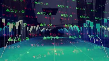 Ofisteki ekranı gören adam, finans verilerini yeşil çizelgeler ve kırmızı çizgi grafikleriyle örtüyor. Teknoloji, finans, analitik, veri görselleştirme, iş, dijital, fütüristik