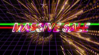 Neon-gökkuşağı kitlesel satış metni mor ızgara üzerinde altın kıvılcımlarla parıldıyor ve patlıyor. Fütürist, dijital, enerjik, siber, soyut, enerjik, neon