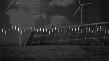 Güneş panelleri ve rüzgar türbinleri çimenli alanda dijital kaplama çubukları ve etiketleriyle canlandırılıyor. Yenilenebilir, sürdürülebilirlik, çevre dostu, teknoloji, fütürist, enerji, temiz