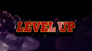 LEVEL UP 3D metin neon kablo dağları ve ızgara ile retro-futuristik sahne görselleştiriliyor. Dijital, fütüristik, neon, minimalizm, teknoloji, animasyon, oyun
