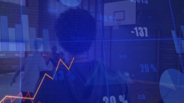 Erkek oyuncu jimnastik salonunda basketbol oynamaya hazırlanıyor, finans çizelgeleri ve turta grafiklerini üst üste koyuyor. Sporcular, analitik, performans, eğitim, görselleştirme, spor, yenilik