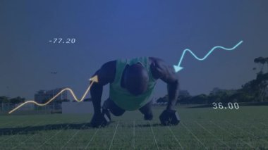 Yetişkin adam çimenli alanda şınav çekiyor, fitness ölçümleri ve ızgara kaplamaları gösteriyor. Atletik, performans, dijital, yenilik, eğitim, açık hava, enerji