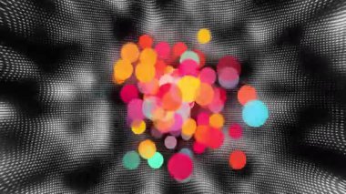 Noktalı ızgaranın önünde süzülen çok renkli yarı şeffaf daireler dijital 3D görüntüleme ile dalgalanıyor. Soyut, grafik tasarım, fütürist, canlı, katmanlı, dijital sanat, hareket