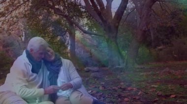 Piknik battaniyesinin üzerinde el ele tutuşan yaşlı çift, animasyon sağlık çizelgesi ve kalp ikonları seriyorlar. Romantik, açık hava, rahatlık, doğa, sükunet, arkadaşlık, sıcaklık.