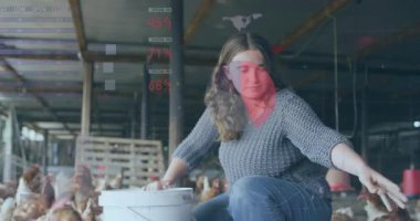 Tavuklarla kümes hayvanları ambarında çömelmiş bir kadın, elinde kova, tarımla ilgili yüzen tablolar. Kırsal, çiftlik, kırsal, doğa, yaşam tarzı, açık hava, hayvanlar