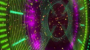 Merkezi neon yeşil dairesel dalga formu düz tasarımda dönüyor, parlayan çubukları ve simgeleri gösteriyor. Soyut, dijital, fütüristik, teknoloji, yenilik, canlı, dinamik