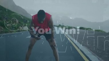 Erkek koşucu dağ yolunda mola veriyor, animasyon fitness takip cihazı verileri örtüyor. Macera, kararlılık, dayanıklılık, dayanıklılık, keşif, karamsar, atmosferik