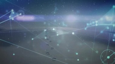 Neon-mavi düğümler, HUD, parçacıklar içeren karanlık yüzey üzerinde canlandırılan dijital ağ örtüsü. Gelecekçi, teknoloji, siber uzay, bağlantı, arayüz, bilim, yenilik