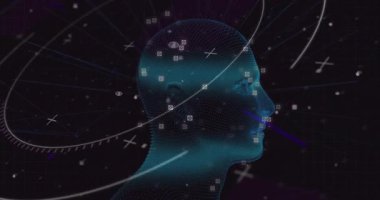 Noktalı ağ kafa silueti siber uzayda görüntüleniyor, artı simgeler, parlayan izler. Gelecek, teknoloji, dijital, soyut, siber, ağ, veri