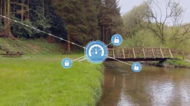 Tahta köprü akıntısı, mavi asma kilit, beyaz çizgilerle bağlanmış gösterge simgeleri. Doğa, manzara, açık hava, teknoloji, güvenlik, bağlantı, çevre