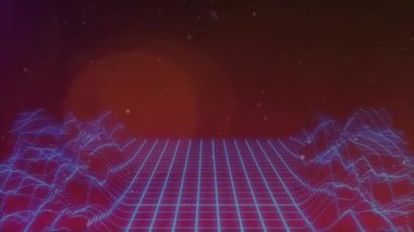 Mavi neon şebeke yüzeyi dalgalanan dalga deseni oluşturuyor. Sola doğru süzülen şeffaf kırmızı küre. Fütürist, siber punk, dijital, soyut, neon, bilim kurgu, düşük polen