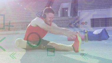 Erkek sporcu sahada hareketli fitness veri tablosu ve protez bacak istatistikleri gösteriyor. Atletizm, fitness, motivasyon, kararlılık, açık hava, minimalist, dayanıklılık