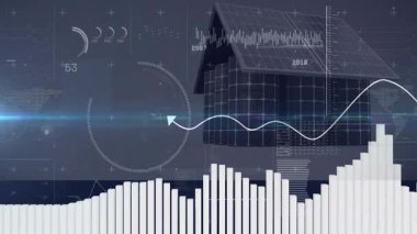 Dalgalanan grafikler ve histogram çubukları animasyon yaparken 3 boyutlu güneş evi enerji verilerini gösterir. Gelecekçi, yenilikçi, teknoloji, analitik, sürdürülebilir, dijital, soyut