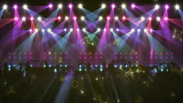 Центральная сцена анимируется в плоском дизайне с движущимися прожекторами, светодиодными панелями, силуэтами толпы. Развлечения, ночная жизнь, оживление, фестивали, зрелище, праздник, stagecraft