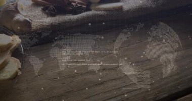 Dijital kod parçacıkları noktalı dünya haritasıyla harmanlanırken çuval bezi üzerinde yüzen baharat kümesi. Organik, kırsal, doğal, aşçılık, küresel, dijital, klasik