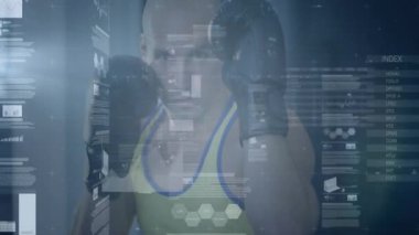 Boksör boks eldivenleriyle boks yapıyor, yüzen fitness analitik çizelgeleriyle veri gösteriyor. Sporcu, veri görselleştirme, gelecek, performans, güç, teknoloji, eğitim