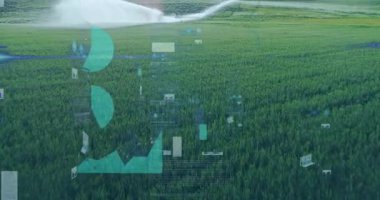 3D düz fıskiye sistemi su püskürtüyor, dijital veri grafikleri ekinlerin üzerinde canlandırılıyor. Tarım, hassas tarım, veri görselleştirme, çevre izleme, çevre dostu, modern teknoloji, sürdürülebilir