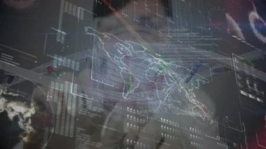 Holografik dünya haritası akıcı vektör çizgileri yansıtıyor, üç boyutlu arayüzde renkli çubuk çizelgelerini gösteriyor. Fütüristik, veri görselleştirme, dijital arayüz, teknoloji, analitik, yüksek teknoloji,