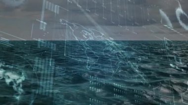 Okyanus üzerinde yüzen holografik dünya haritası gösteriliyor, veri panelleri ve aerodinamik çizgiler var. Futuristik, dijital, denizcilik, görselleştirme, teknoloji, veri, soyut