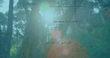 Kasklı bisikletçi ormanda duruyor, yüzen matematik grafikleri ve BTMM öğrenmesini gösteren denklemlerle. Doğa, açık hava, macera, eğitim, yenilik, ilham, tefekkür