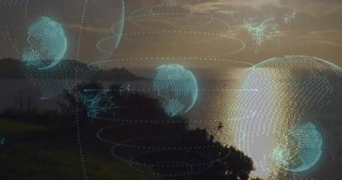 Kıyı alacakaranlığı sahnesinde süzülen holografik veri küreleri, ağ bağlantılarını 3 boyutlu görüntüler. Fütürist, dijital, teknoloji, veri, bağlantı, manzara, ortam